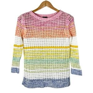 Talbots Pastel Rainbow 3/4 Sleeve Cotton Crewneck Open Knit Sweater Womens Small